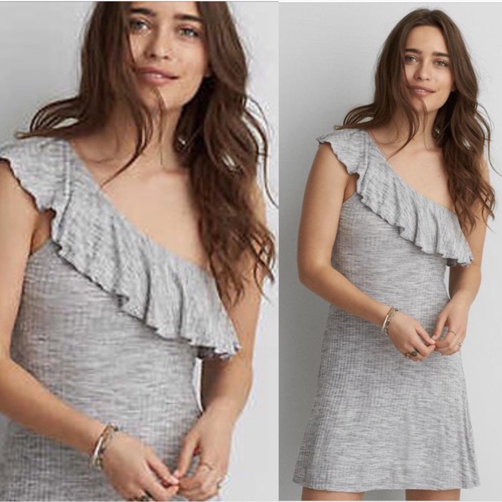 One Shoulder Raffle Gray Dress - Picture 1 of 6